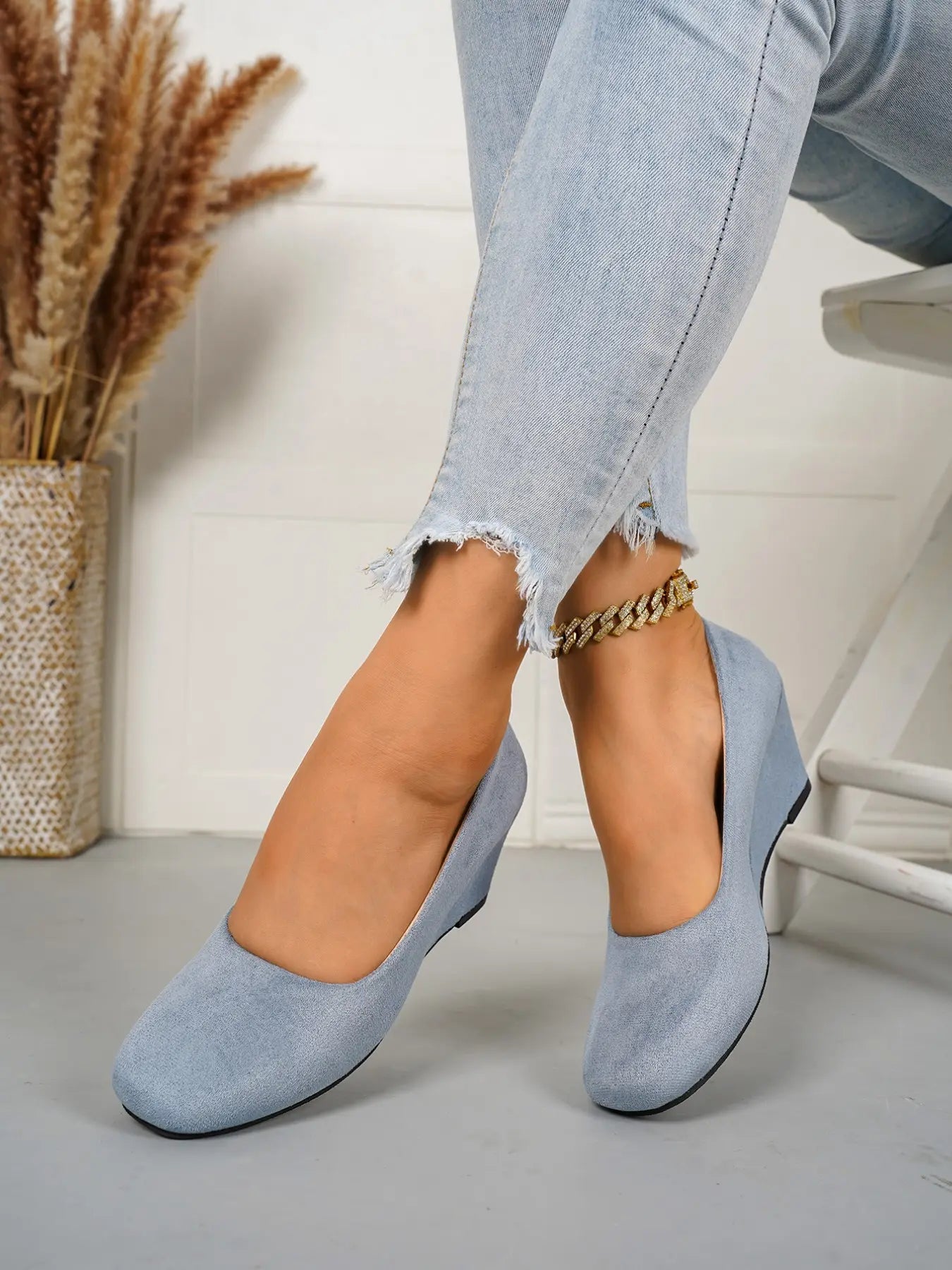 Women's Velvet Shoes – Wedge, Low Heel, Slip-On