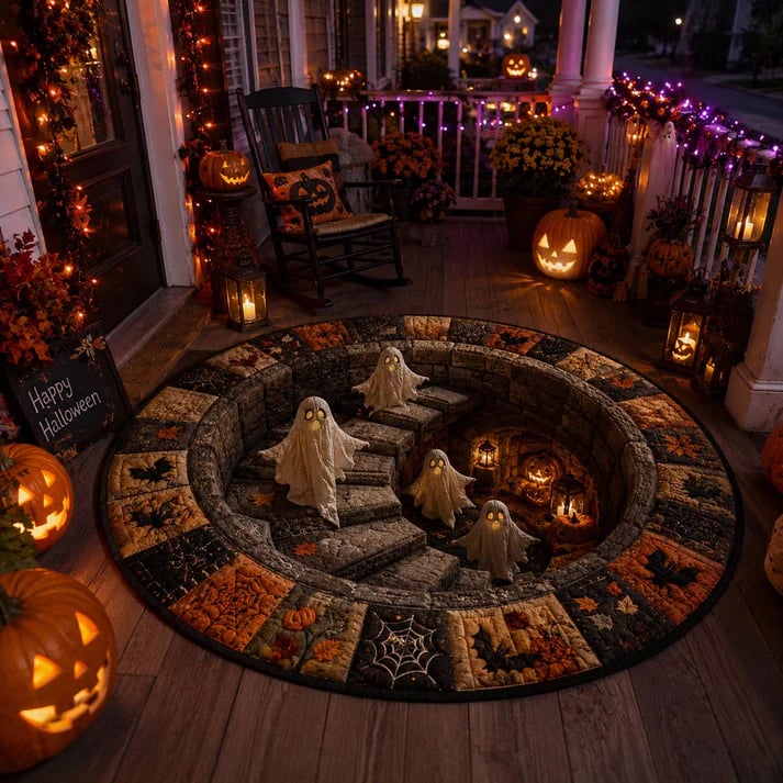 3D Haunted Staircase Round Rug – Spooky Halloween Optical Illusion