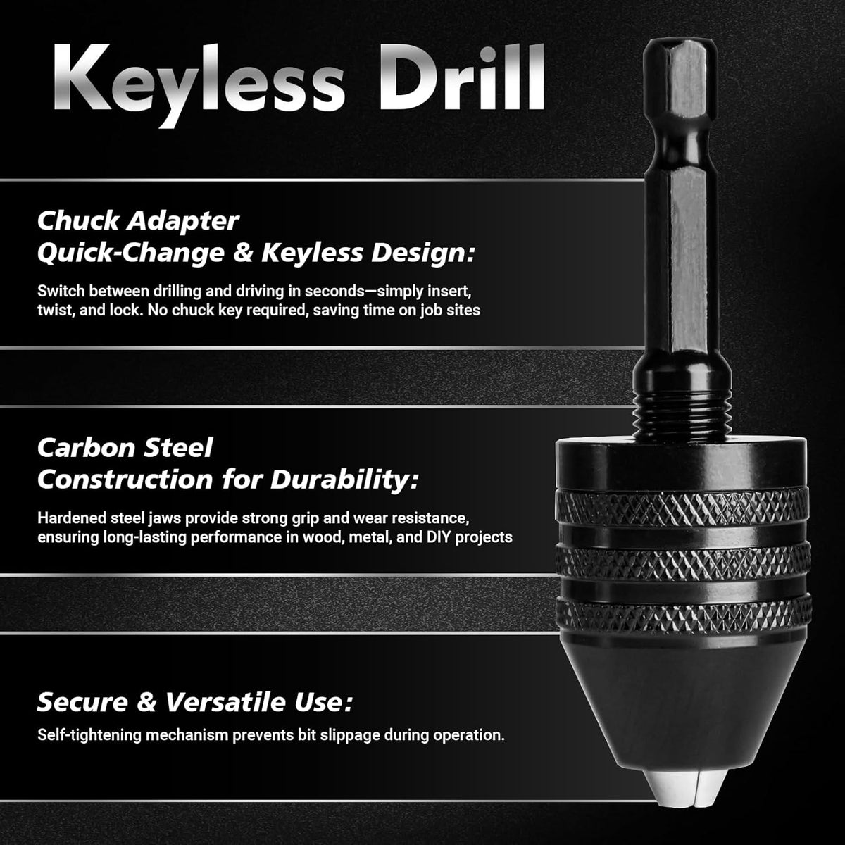 3-Piece Keyless Drill Chuck Adapter Set, 0.3-3.6mm and 0.6-8mm for Impact Drivers and Power Drills