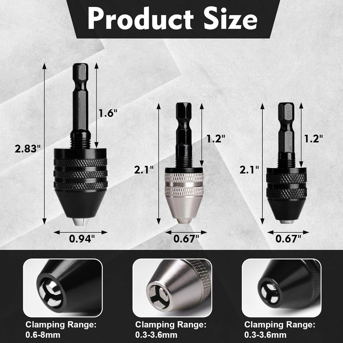 3-Piece Keyless Drill Chuck Adapter Set, 0.3-3.6mm and 0.6-8mm for Impact Drivers and Power Drills