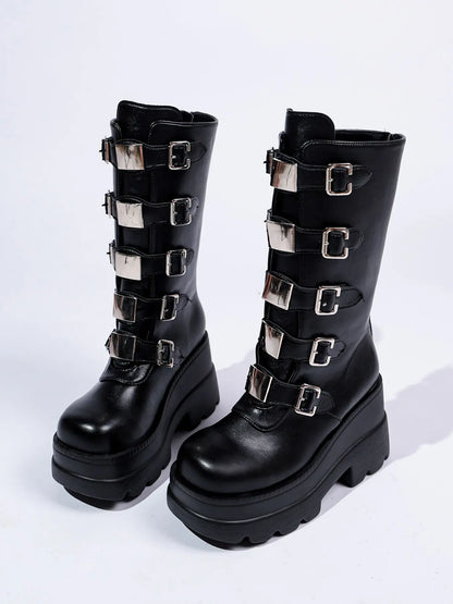 Women's Gothic Mid-Calf Boots – Chunky Sole, High Heel