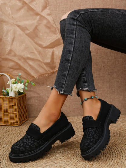 Women's Leopard Print Loafers – Round Toe, Chunky Sole, Slip-On