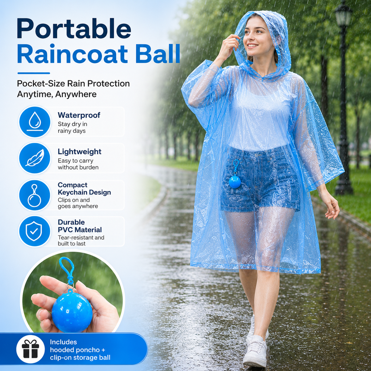 Portable Rain Poncho Ball Waterproof Hooded Raincoat Clip‑On Case