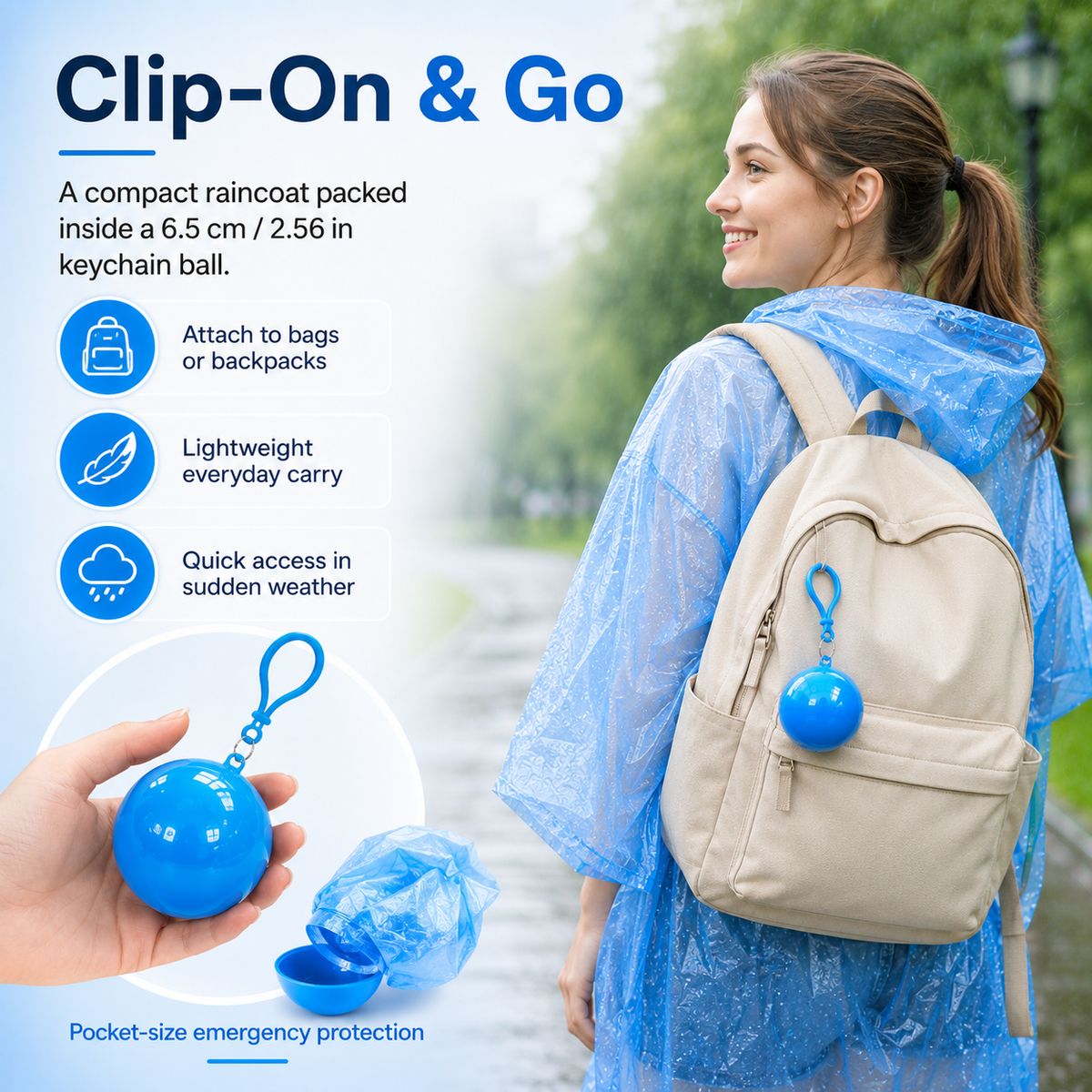 Portable Rain Poncho Ball Waterproof Hooded Raincoat Clip‑On Case