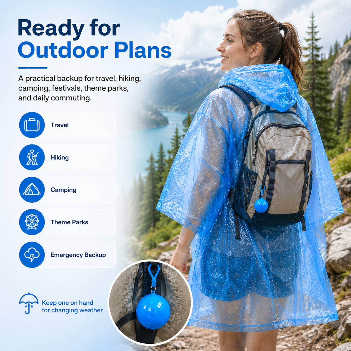 Portable Rain Poncho Ball Waterproof Hooded Raincoat Clip‑On Case