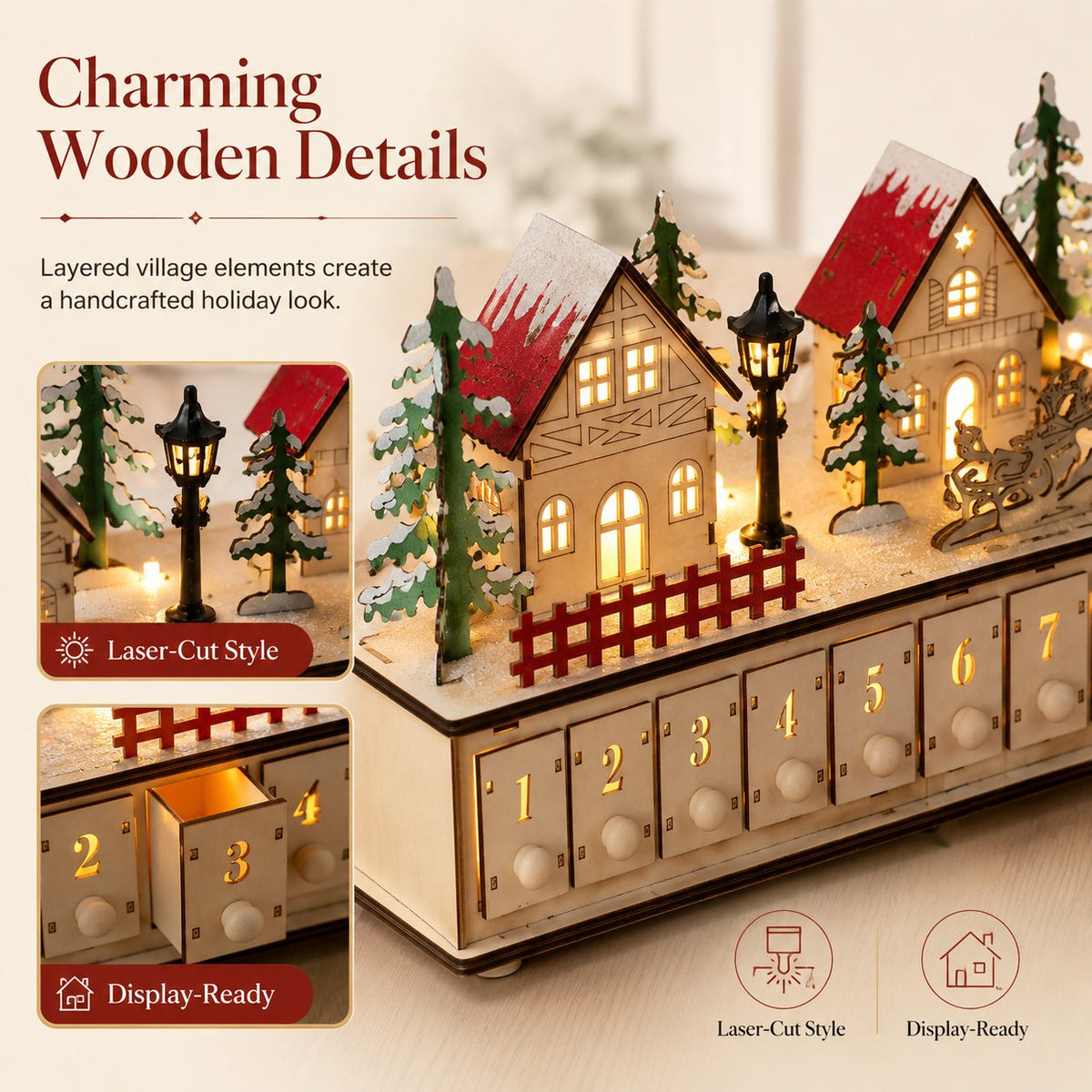 Christmas Magic Lighted Wooden Christmas Advent Calendar 24 Drawers for Festive Holiday Countdown