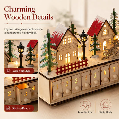Christmas Magic Lighted Wooden Christmas Advent Calendar 24 Drawers for Festive Holiday Countdown
