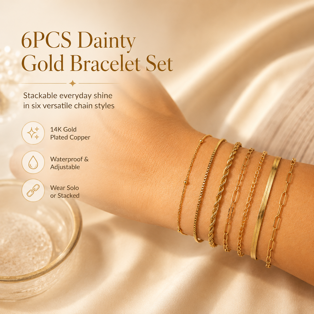 6PCS Dainty Gold Bracelet Set – Trendy Stackable Chain Bracelets for Women