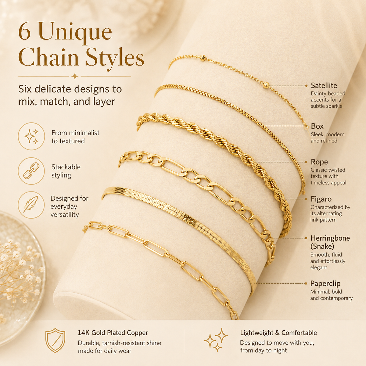 6PCS Dainty Gold Bracelet Set – Trendy Stackable Chain Bracelets for Women