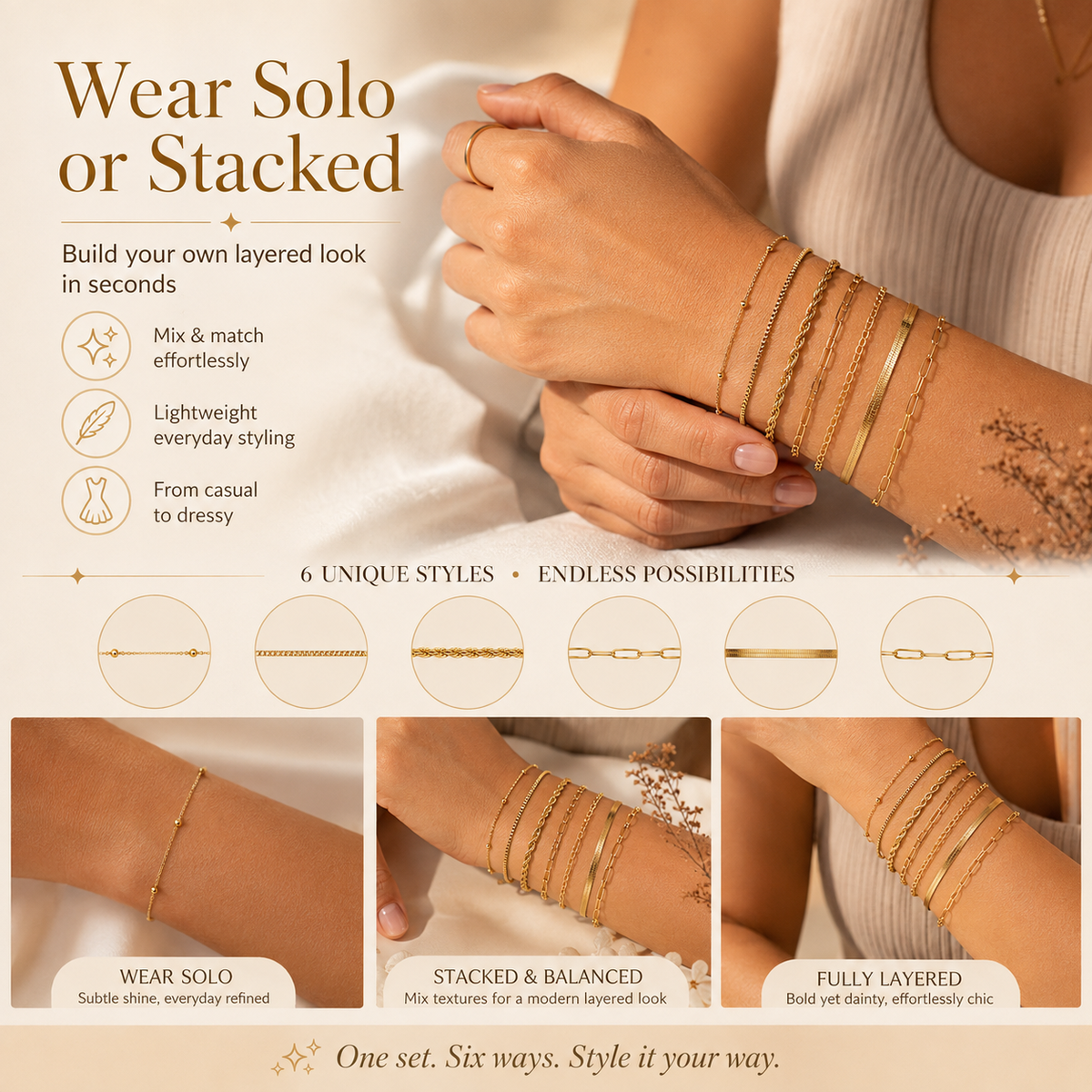 6PCS Dainty Gold Bracelet Set – Trendy Stackable Chain Bracelets for Women