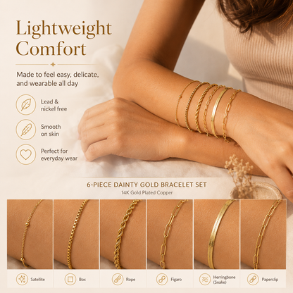6PCS Dainty Gold Bracelet Set – Trendy Stackable Chain Bracelets for Women