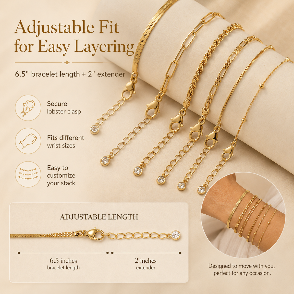 6PCS Dainty Gold Bracelet Set – Trendy Stackable Chain Bracelets for Women