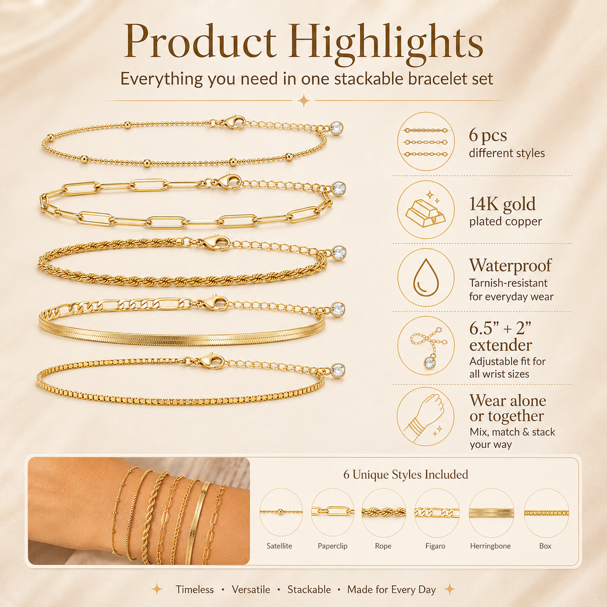 6PCS Dainty Gold Bracelet Set – Trendy Stackable Chain Bracelets for Women