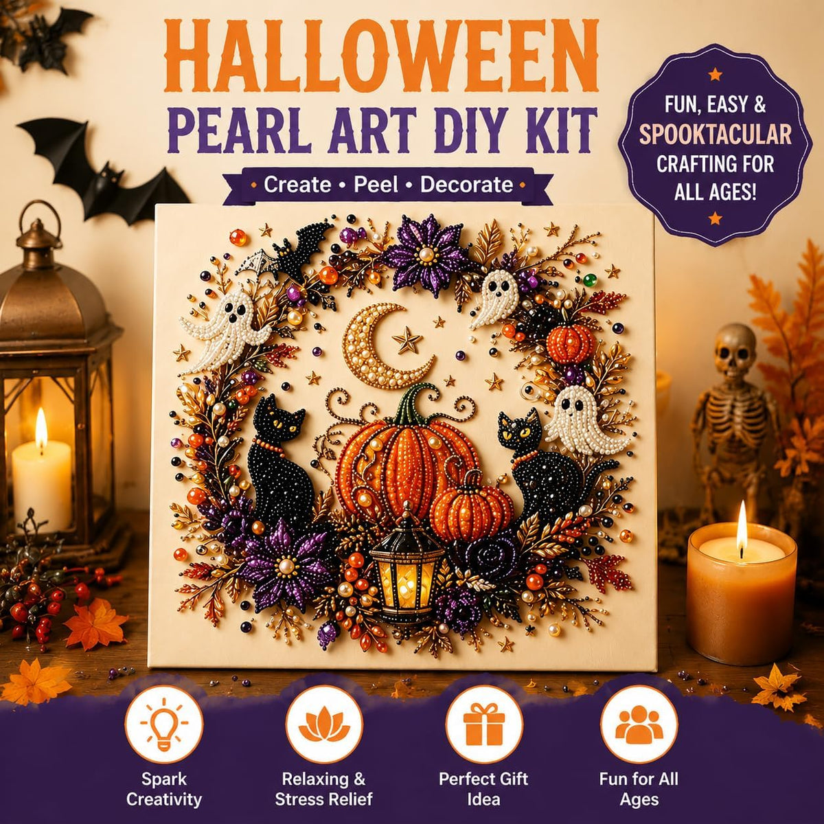 Halloween Pearl Art DIY Kit – Turn Tiny Pearls into Spooky-Cute Magic