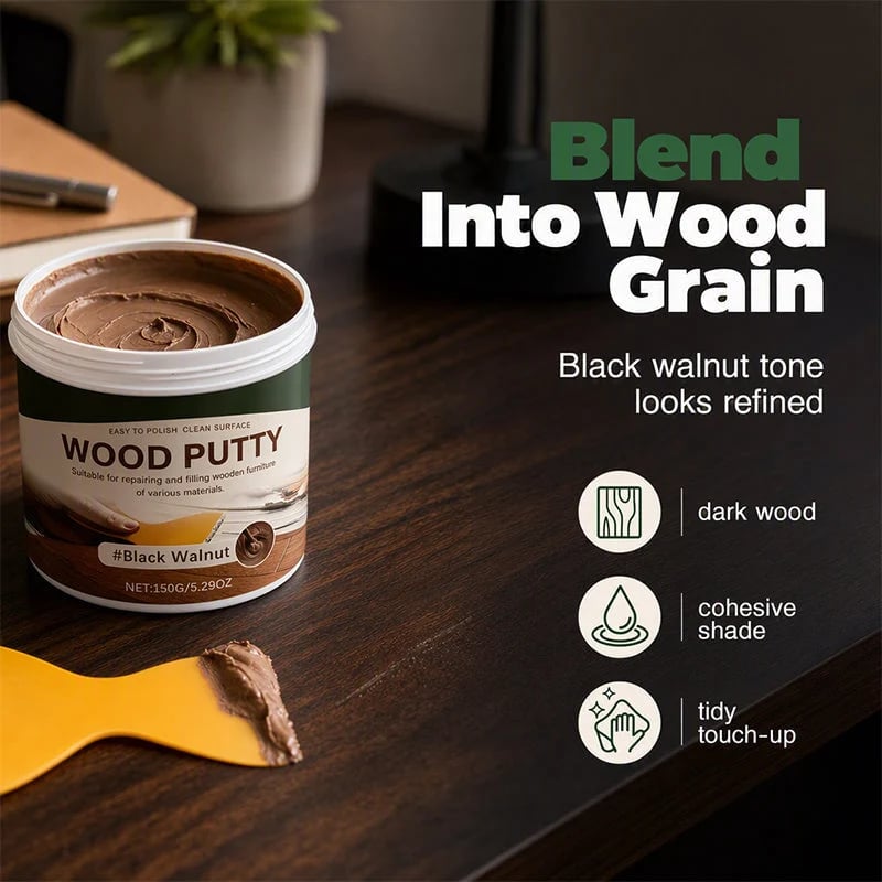 Wood Repair Filler Putty – Fills Cracks & Chips, Smooths Surfaces, Blends with Dark Wood