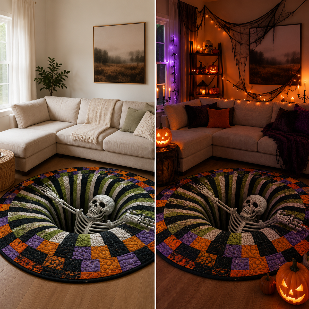 Limited Edition 3D Skeleton Optical Illusion Rug – Quilted Round Halloween Accent