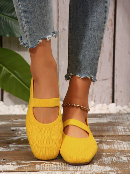 Women's Knit Mary Jane Flats – Square Toe, Heel Strap, Slip-On