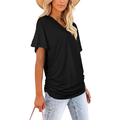 Womens Short Sleeve V Neck Dolman Tops with Side Shirring Loose Fit Shirts