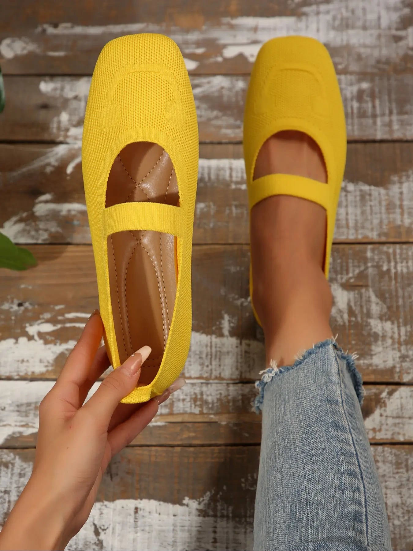 Women's Knit Mary Jane Flats – Square Toe, Heel Strap, Slip-On