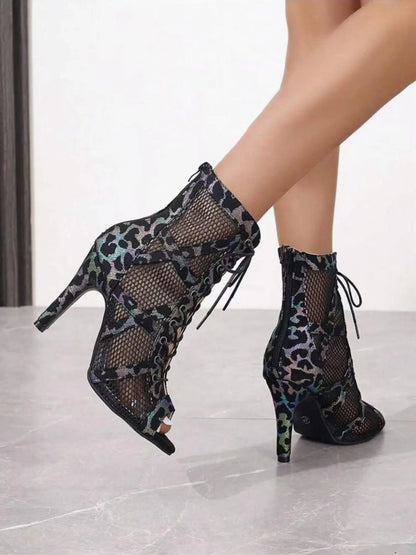 Women's Leopard Print Sandals – Peep Toe, High Heel, Zip