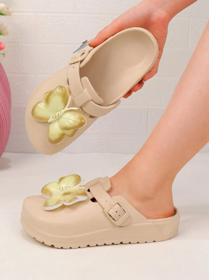 Women's Butterfly Print EVA Clogs – Round Toe, Adjustable Strap
