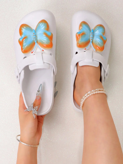 Women's Butterfly Print EVA Clogs – Round Toe, Adjustable Strap