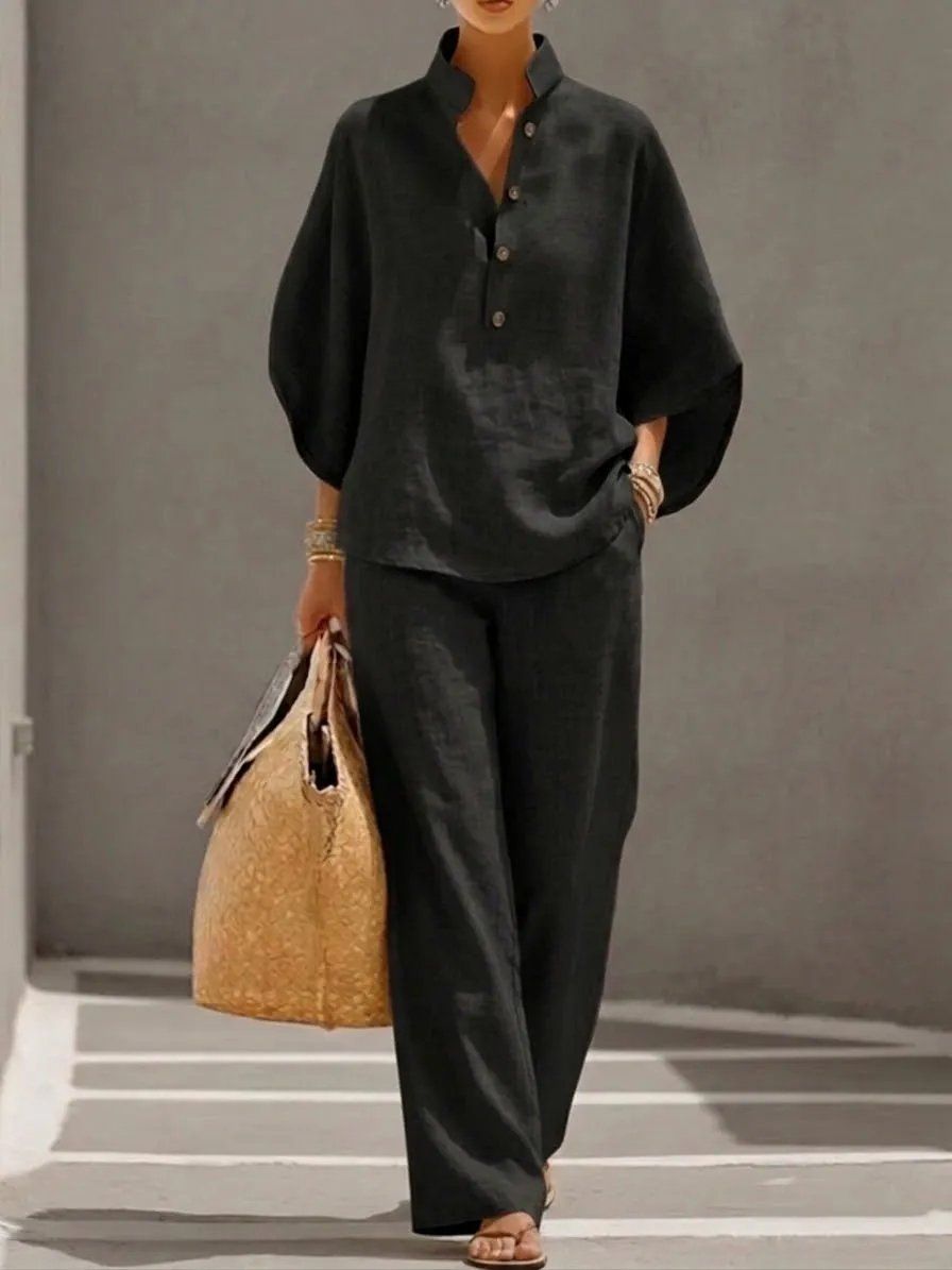 Women's Batwing Sleeve Two-Piece Set – Casual Shirt & Wide Leg Pants Outfit