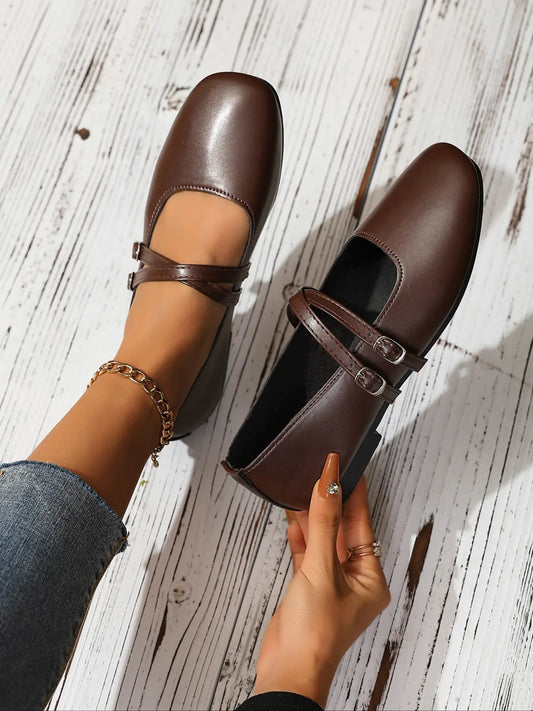 Women's Faux Leather Mary Jane Flats – Round Toe