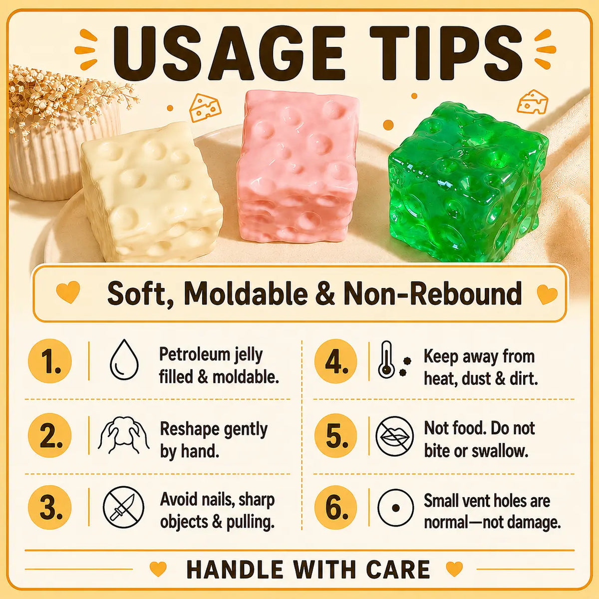 Cheese Cube Squishy Toy, Soft Moldable Petroleum Jelly-Filled Squeeze Ball