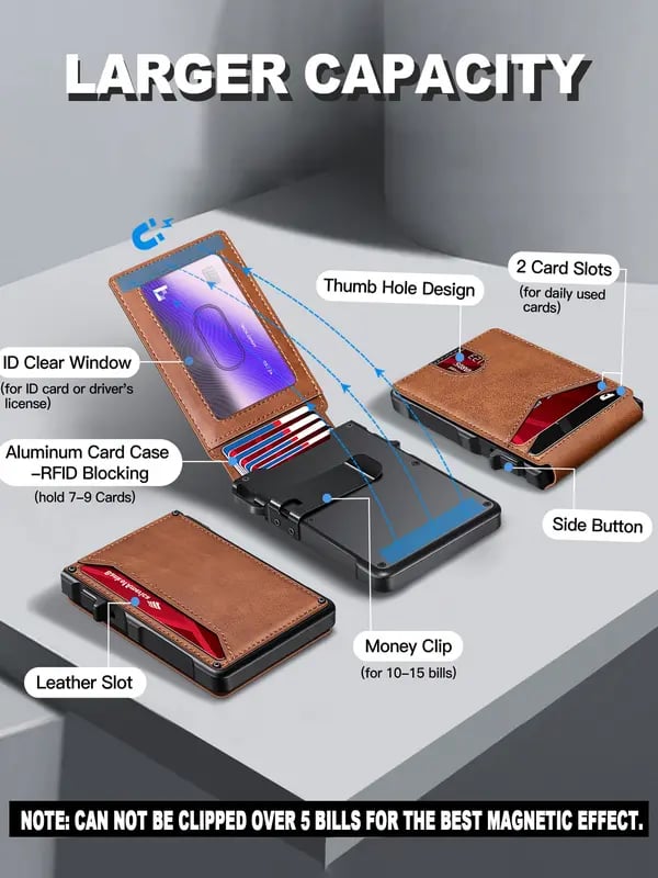 70K+ SOLD!-Wallet for Men - with Pop Up Aluminum Case Money Clip Slim Leather Slots Credit Card Holder RFID Blocking Bifold Minimalist Wallet