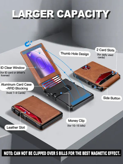 70K+ SOLD!-Wallet for Men - with Pop Up Aluminum Case Money Clip Slim Leather Slots Credit Card Holder RFID Blocking Bifold Minimalist Wallet