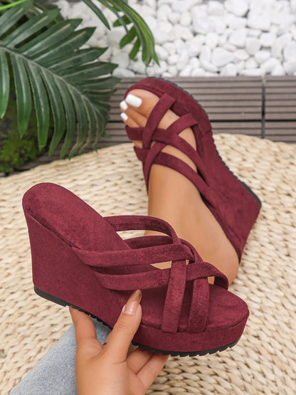 Women's Wedge Sandals – Chunky Sole, Cross-Strap, Non-Slip