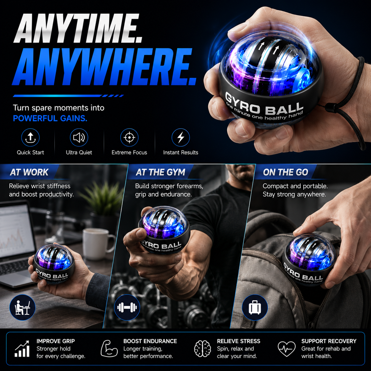 Auto-Start Gyro Ball – Build Grip Strength, Forearm Power & Wrist Endurance Anywhere