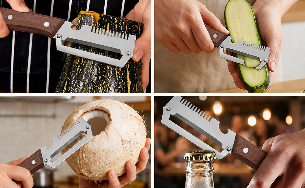 Wooden-Handled Vegetable & Fruit Peeler - Stainless Steel Blade with Built-In Bottle Opener