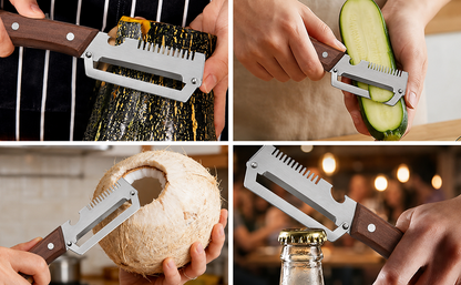 Wooden-Handled Vegetable & Fruit Peeler - Stainless Steel Blade with Built-In Bottle Opener