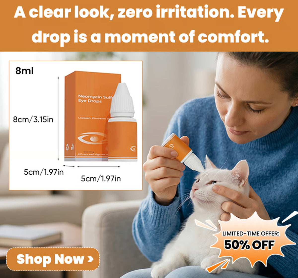 Pet Antibacterial Eye Drops – Gentle Eye Care & Tear Stain Cleaner for Cats & Dogs