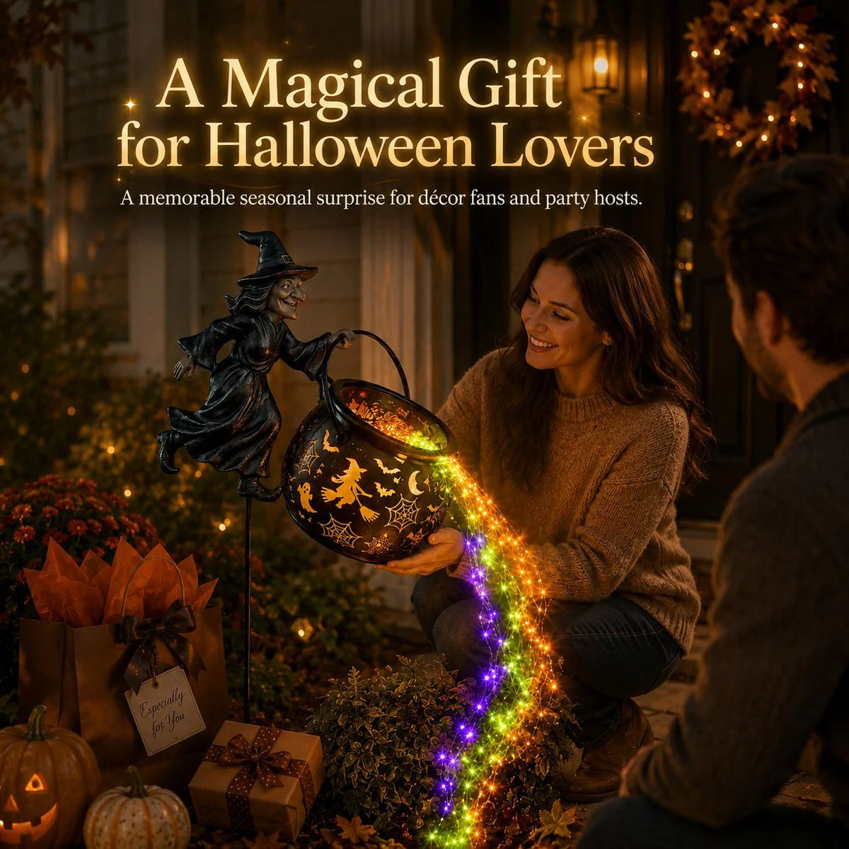 LAST DAY 50% OFF- Flying Witch & Glowing Cauldron Garden Light – Magical Halloween Yard Display