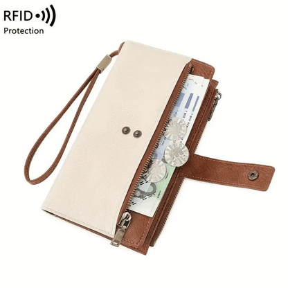 Women's long wallet, stylish clutch, elegant solid color RFID blocking leather wallet