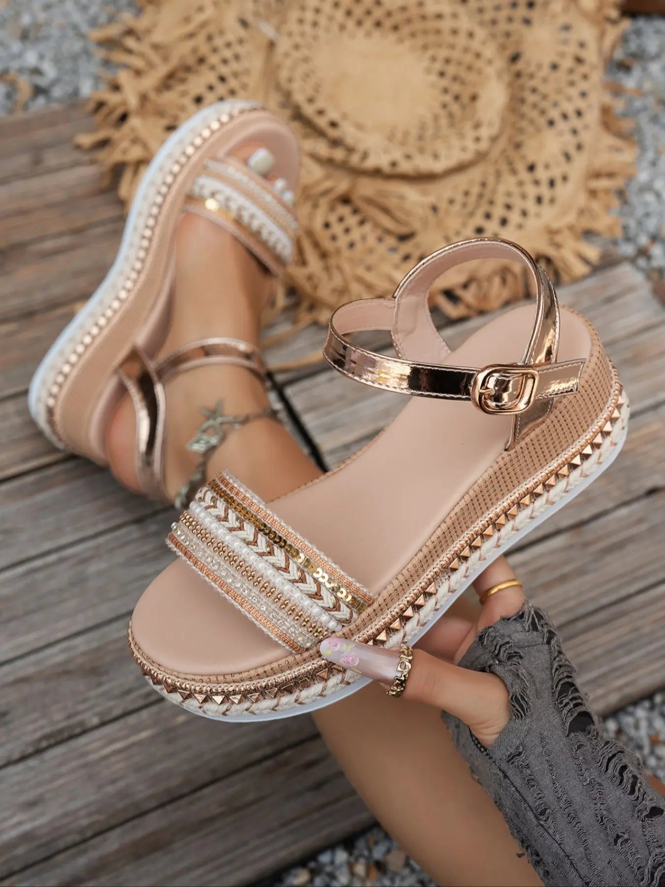 Women's Wedge Sandals – Open Toe, Ankle Strap, Breathable
