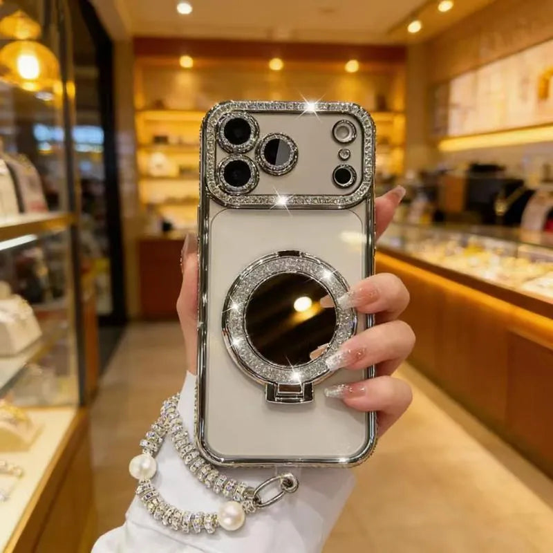 Sparkling Diamond Women's Phone Case with Mirror & Stand for iPhone 12/13/14/15/16/17 Pro Max,17Air,14/15/16 Plus
