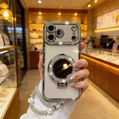 Sparkling Diamond Women's Phone Case with Mirror & Stand for iPhone 12/13/14/15/16/17 Pro Max,17Air,14/15/16 Plus