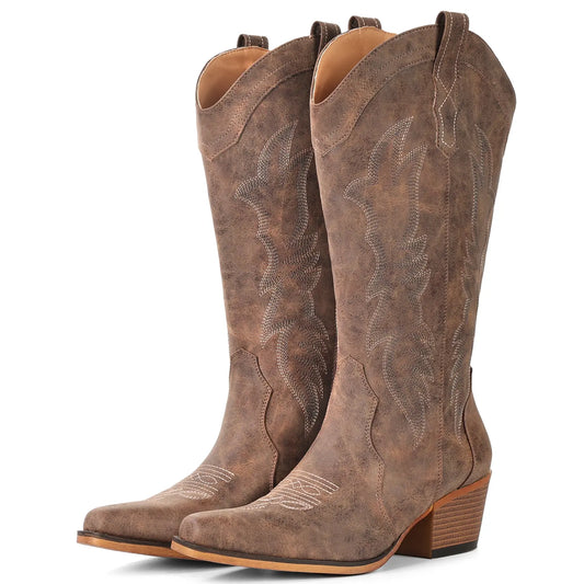 Women's Vintage Embroidered Boots – Western, Pointed Toe, Chunky Sole
