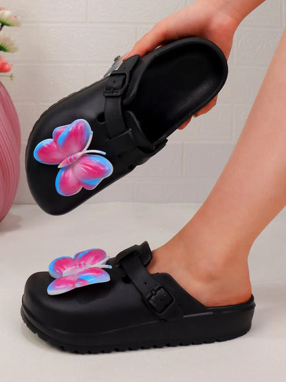 Women's Butterfly Print EVA Clogs – Round Toe, Adjustable Strap