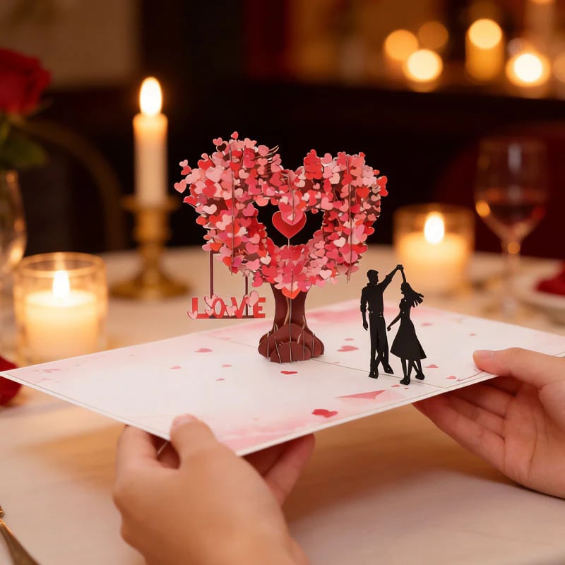 3D Pop-Up Anniversary Card - Romantic Love Tree & Hearts Design
