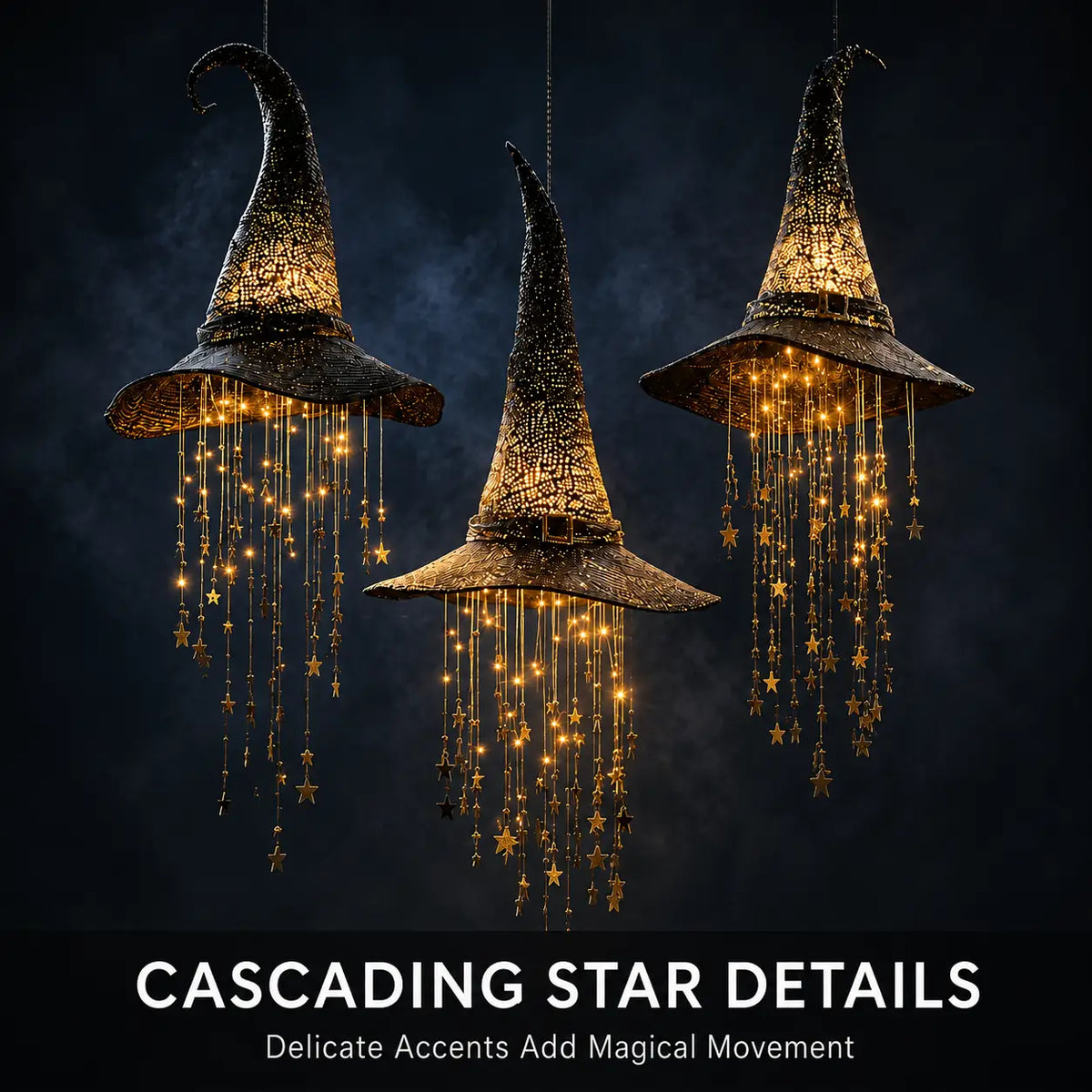 Lighted witch Hat Hanging Decor with Cascading Stars