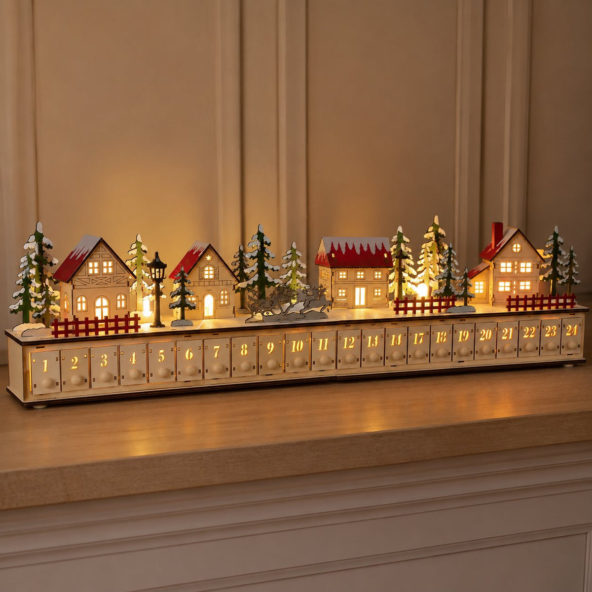 Christmas Magic Lighted Wooden Christmas Advent Calendar 24 Drawers for Festive Holiday Countdown