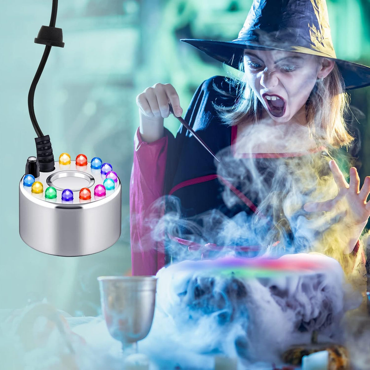 12-LED Ultrasonic Mist Maker Fogger – Creates cool mist & colourful light – Perfect for humidifiers, fountains or Halloween decor – runs quietly in water