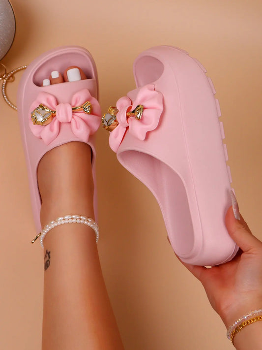 Women's Floral EVA Slides – Open Toe, Chunky Sole, Bow
