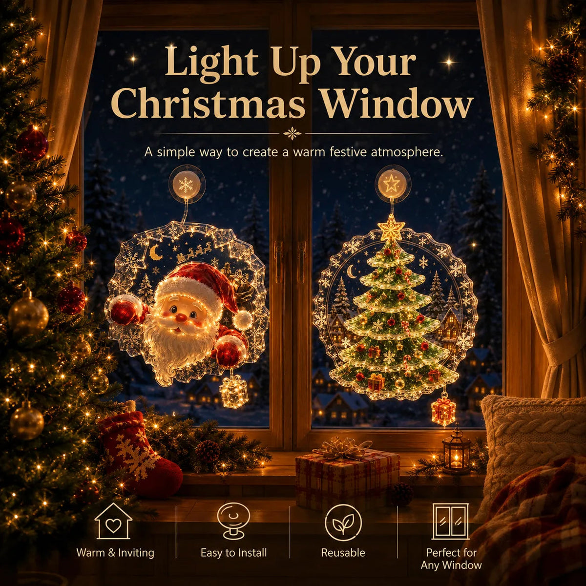 Last Day 50% OFFLighted Christmas Window Decoration with Suction Cup | Warm LED Window Light with Double-Layer Design & Multiple Festive Styles Flat Version