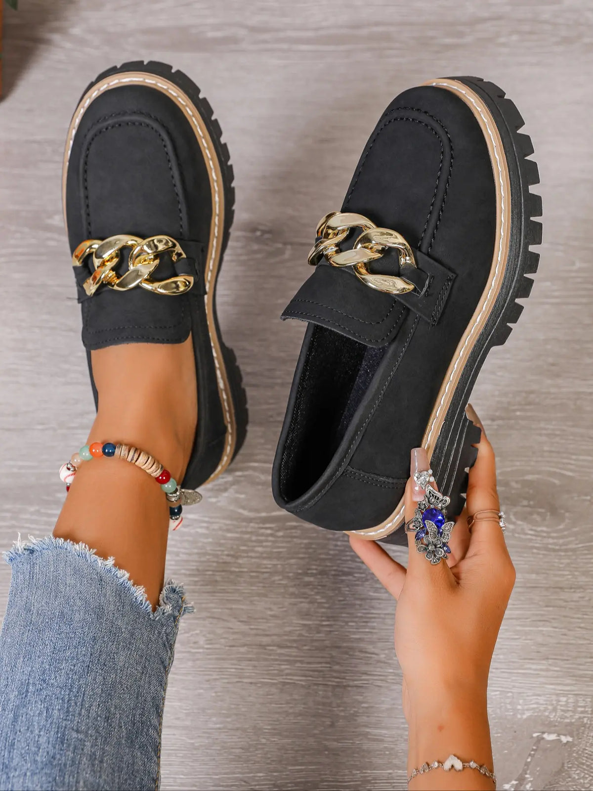 Women's Vintage Faux Leather Loafers – Round Toe, Platform, Wedge
